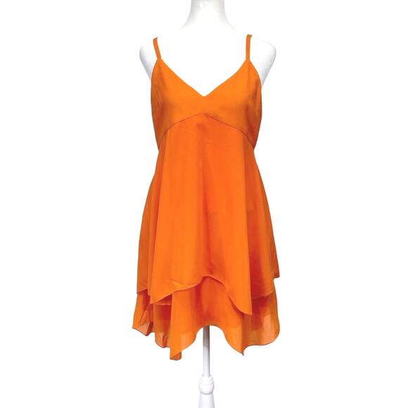 Alice + Olivia Delilah Silk Layered Mini Dress Orange Asymmetrical Hem Sz 8 - Picture 3 of 9